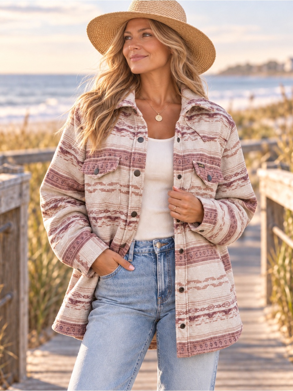 NWT Wrangler Retro Quilt Lined Tan Jacquard Shacket M